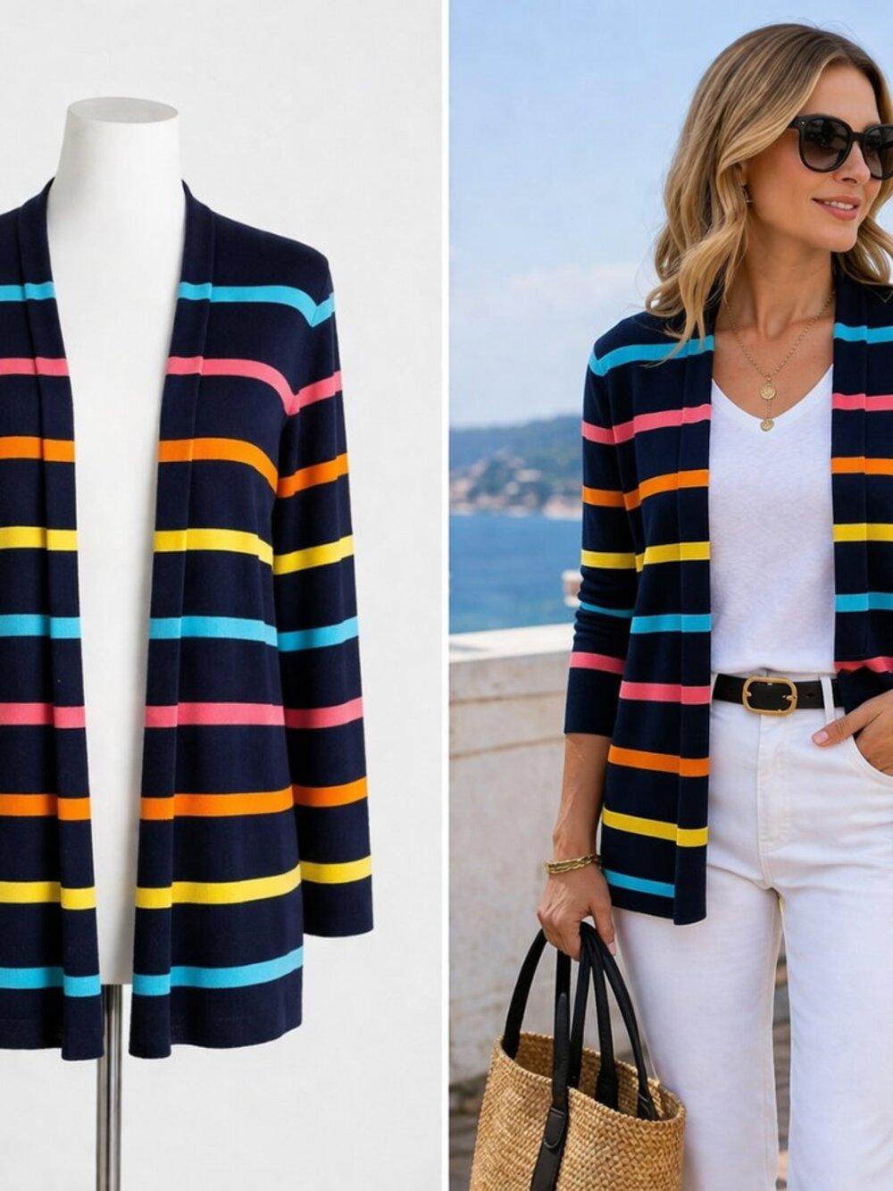 Saks RED Rainbow Stripe Open Cardigan Size Small Nautical Preppy Sweater